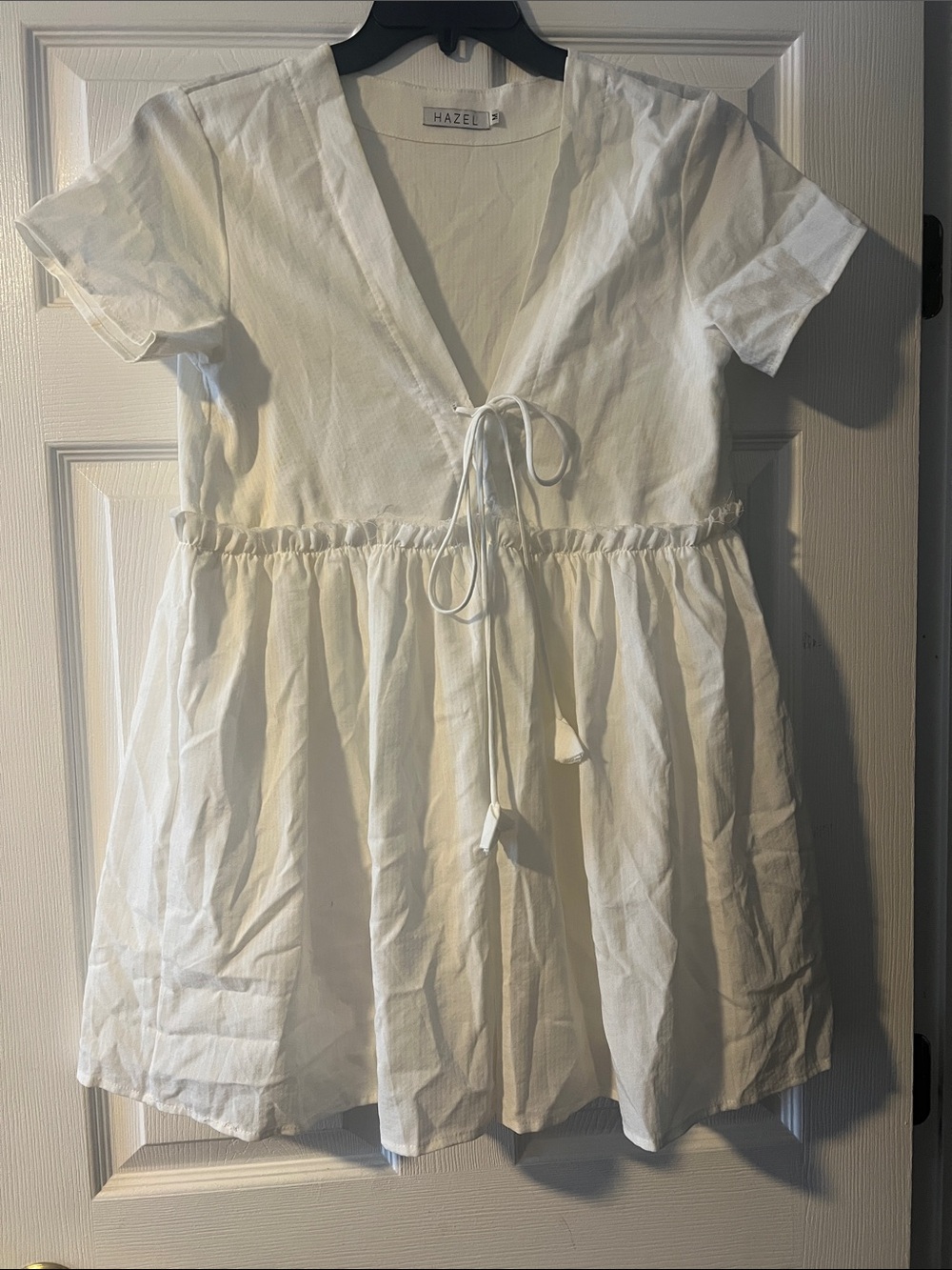 hazel White Tie-Front V-Neck Babydoll Dress